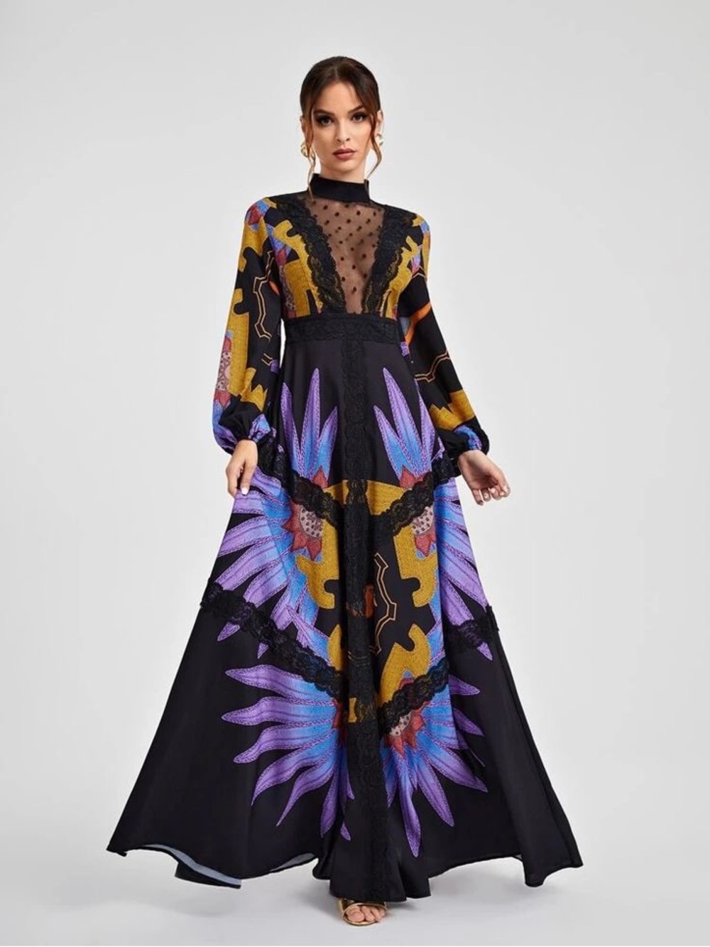SHEIN Black Maxi Dress with Floral and Lace design